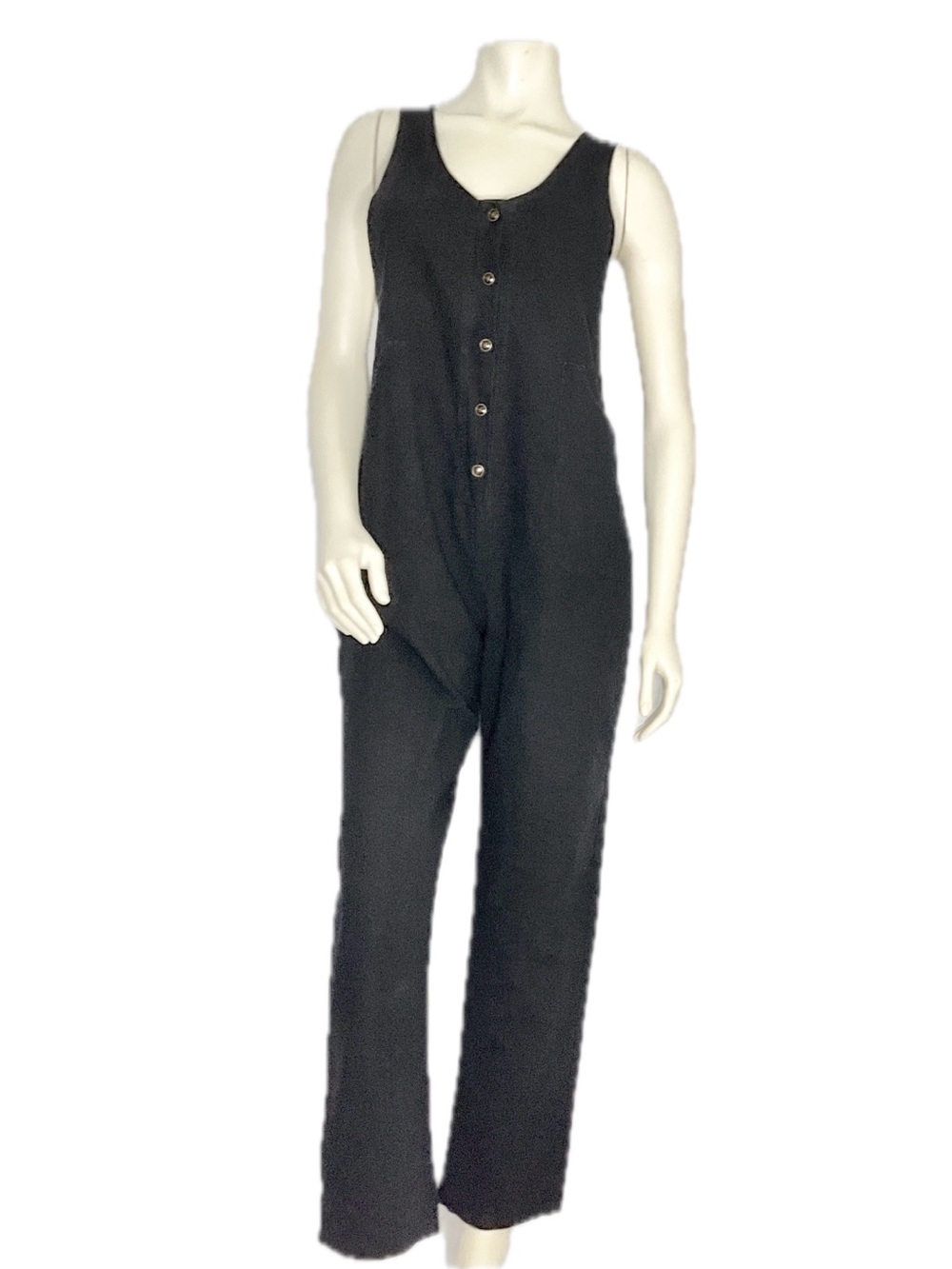 Classic Button-Front Sleeveless Jumpsuit Black Size Small